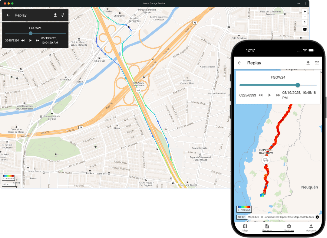Plataforma de monitoreo GPS Metal Garage Global - Visualización de rastreo vehicular en tiempo real en computadora y dispositivo móvil